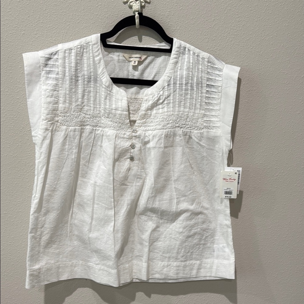 Lucky Brand White Pleated Blouse with Mandarin Collar